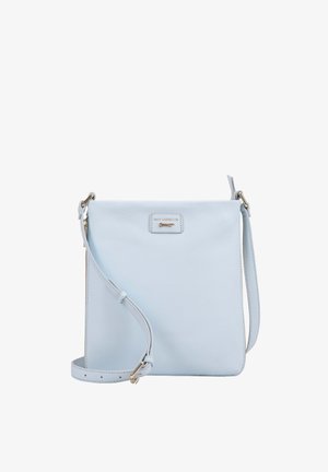 Lichtblauwe leren crossbodytas met verstelbare riem en klein gouden Paul Costelloe-logoplaatje aan de voorkant.