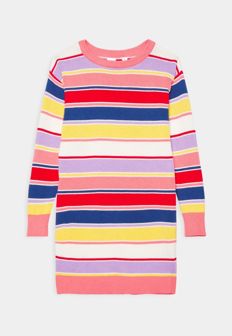Robe en maille à manches longues avec des rayures horizontales roses, rouges, jaunes, bleues, violettes et blanches, dotée d'un col rond et de poignets roses.