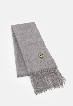 Sciarpa di lana grigia con bordi frangiati e un piccolo logo di un'aquila gialla su un lato. Texture liscia con una forma rettangolare classica.