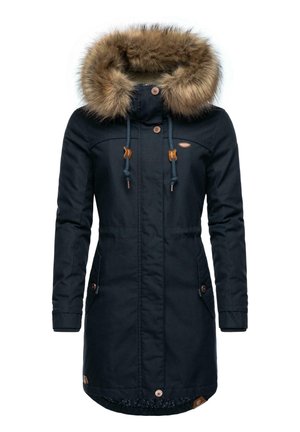 Navy blue coat with fur-lined hood, front closure and pockets, adjustable drawstrings, and brown leather accent details.
