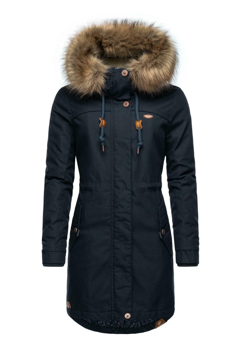 Navy blue coat with fur-lined hood, front closure and pockets, adjustable drawstrings, and brown leather accent details.