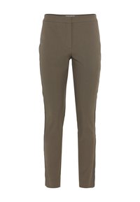 Pantalons slim fit vert olive en tissu extensible, avec un devant plat, deux poches latérales et une texture lisse.