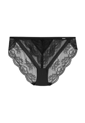 Culotte en dentelle noire présentant un corps en mesh, des bords festonnés et des détails en dentelle florale, avec une taille lisse et le nom de la marque imprimé.