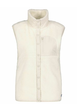 Cream-colored sleeveless fleece vest with high collar, snap button front, and zippered chest pocket.