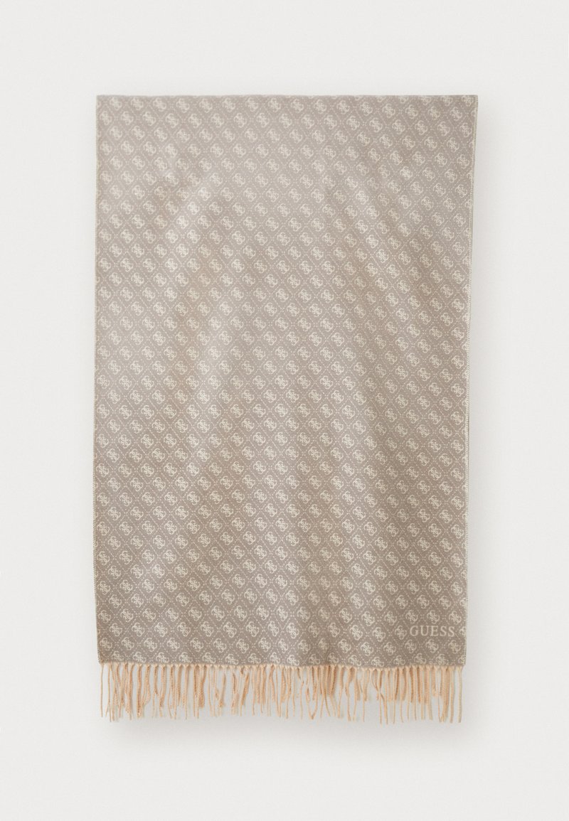 Écharpe rectangulaire beige et crème à motifs avec des bords à frange et un logo "GUESS" brodé dans un coin.
