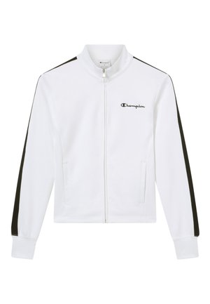 Giacca bianca con zip, strisce nere sulle maniche e logo "Champion" sul petto a sinistra, con collo alto e tasche laterali.