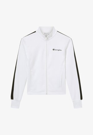 Giacca bianca con zip, strisce nere sulle maniche e logo "Champion" sul petto a sinistra, con collo alto e tasche laterali.