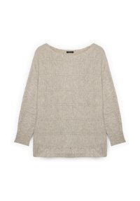 Beżowy sweter z dzianiny o szerokim dekolcie, długich rękawach i poziomych paskach z drobnymi metalicznymi akcentami na całej powierzchni.