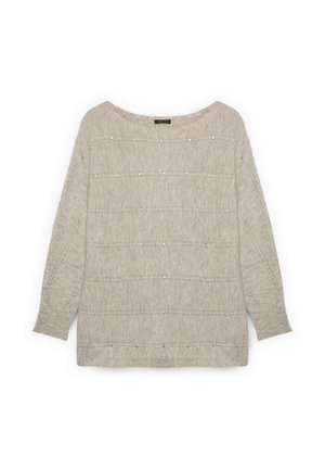 Beżowy sweter z dzianiny o szerokim dekolcie, długich rękawach i poziomych paskach z drobnymi metalicznymi akcentami na całej powierzchni.