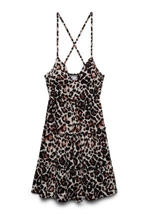 Sukienka bez rękawów w panterkę z warstwową spódnicą i cienkimi, krzyżującymi się na plecach ramiączkami, zaprojektowana do noszenia na co dzień.