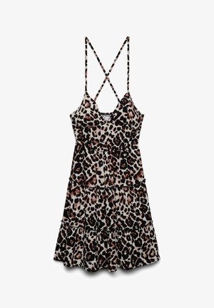 Sukienka bez rękawów w panterkę z warstwową spódnicą i cienkimi, krzyżującymi się na plecach ramiączkami, zaprojektowana do noszenia na co dzień.