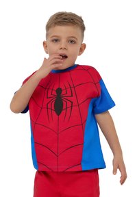 T-shirt in cotone rosso e blu con una grande grafica di un ragno nero sul davanti, con design di ragnatela; vestibilità rilassata e maniche corte.