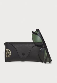 Ochelari de soare Ray-Ban negri cu lentile verzi așezați pe un etui texturat negru, având un logo circular auriu.