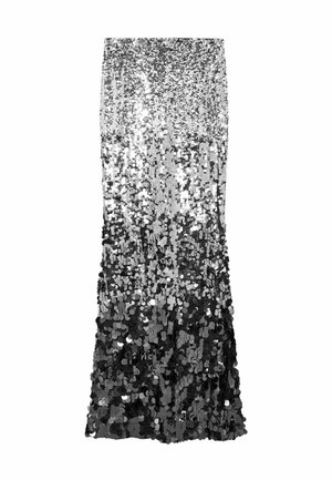 Silberne und schwarze Paillettenrock, mit einem Ombre-Muster von oben nach unten, schlankem Design und glatter Textur. Bodenlang.