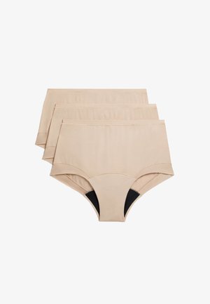 Beżowy zestaw bawełnianych majtek typu slip w trzech sztukach. Gładka tekstura, średni wzrost, z czarnymi akcentami po bokach. Bez wzorów.