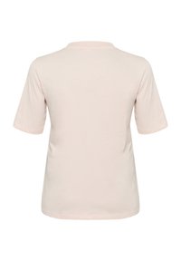 T-shirt rose clair à manches courtes, en coton doux, avec un col rond classique et une coupe décontractée. Texture lisse sans motifs.