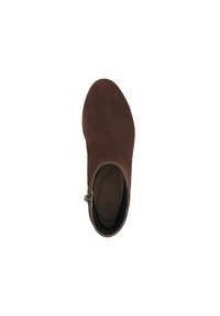 Brown suede ankle boot with a rounded toe, side zipper closure, and an inner soft lining. The sole is slightly elevated.