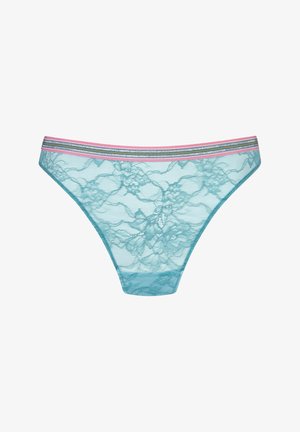 Spitze-Bikini-Slip in Hellblau mit floralem Muster, elastischem Bund mit rosa und silbernen Streifen oben.