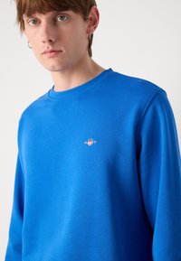 Blauwe sweatshirt met ronde hals en geribbelde manchetten. Heeft een klein geborduurd logo op de borst. Gladde stofstructuur.