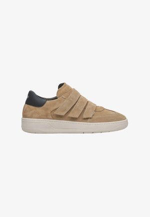 Suede sneakers in tan with three Velcro straps and a black heel accent. Features a round toe and a white rubber sole.