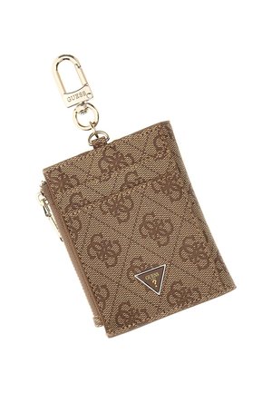 Porte-cartes en synthétique marron avec un motif floral texturé, quincaillerie dorée et attache pour porte-clés. Présente un accent de logo triangulaire.