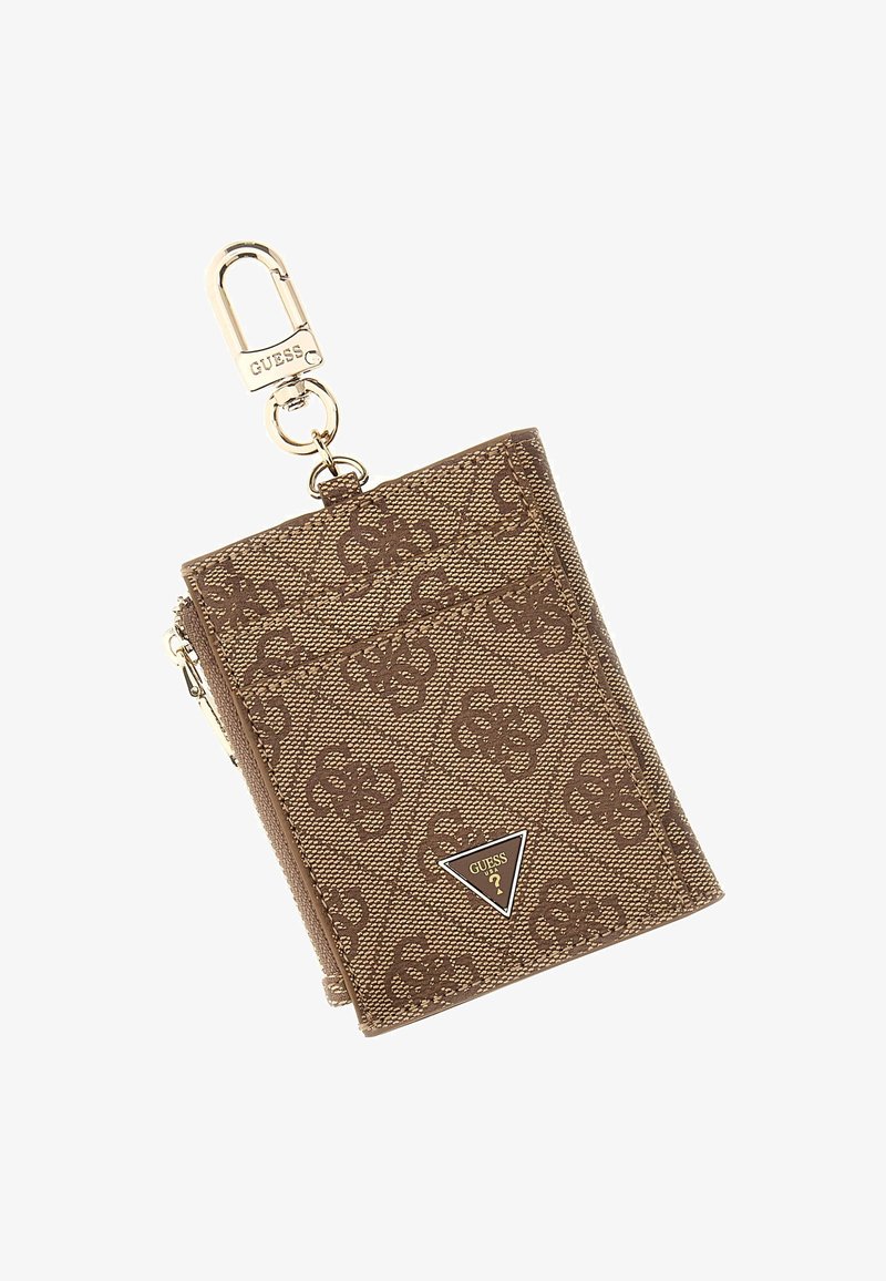 Porte-cartes en synthétique marron avec un motif floral texturé, quincaillerie dorée et attache pour porte-clés. Présente un accent de logo triangulaire.