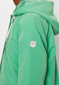 Jasnozielona kurtka z tkaniny o gładkiej teksturze. Posiada kaptur, sznurki ściągające oraz małą metkę na rękawie.