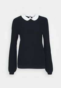 Marinblå tröja med långa ärmar, strukturerad textil och en vit, vågig krage. Har en rund halsringning och ribbad nederkant.