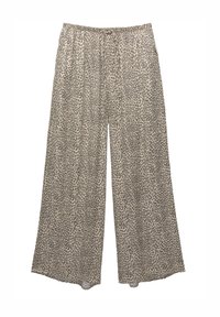 Pantalon large à imprimé léopard dans des tons beige clair et marron. Taille élastique et tissu léger et fluide. Ourlet coupé à la longueur de la cheville.