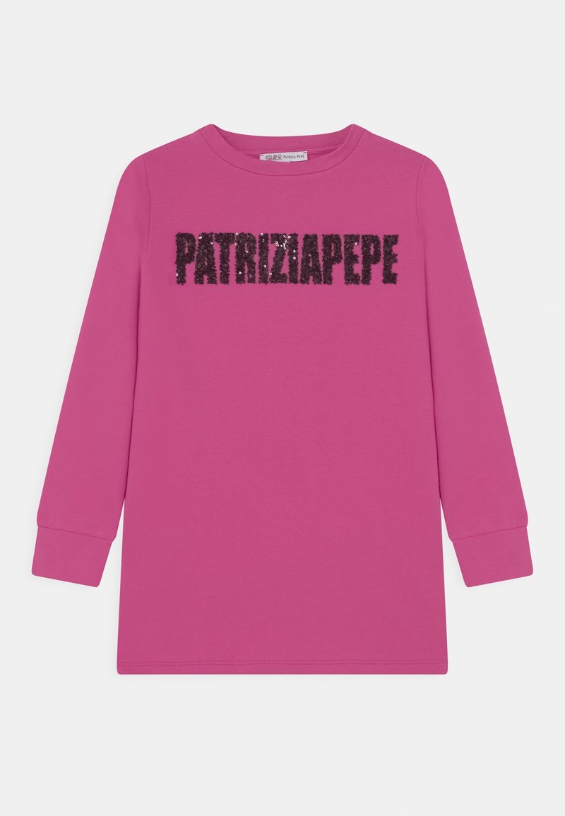 Różowa bluza z długim rękawem z czarnym cekinowym logo "PATRIZIAPEPE" na przodzie, wykonana z miękkiej bawełnianej tkaniny.