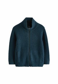 Cardigan zip-up di un verde scuro realizzato in tessuto a maglia testurizzato. Presenta un colletto alto e tasche laterali. Motivo a maglia rigido su tutta la superficie.