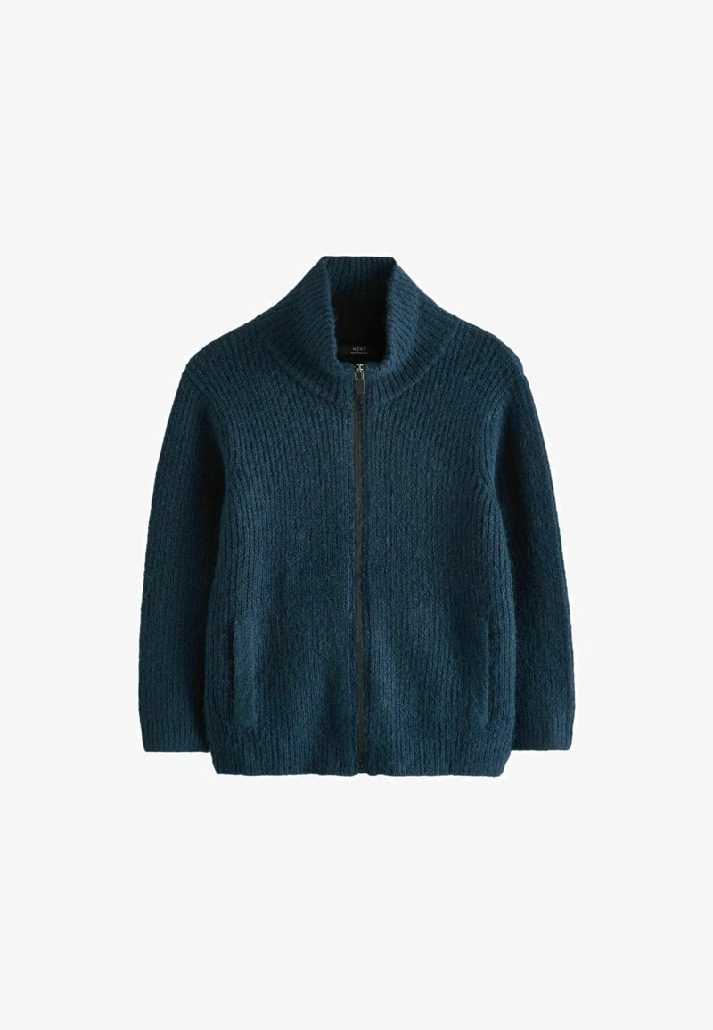 Cardigan cu fermoar de culoare verde închis, realizat dintr-un material tricotat texturat. Dispune de un guler înalt și buzunare laterale. Model tricotat rigid pe întreaga suprafață.