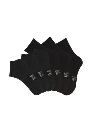 Schwarzes Socken-Set mit drei Paar Kniestrümpfen und drei Paar Sportsocken. Hergestellt aus weichem Material mit gerippten und glatten Texturen.