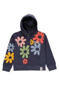 Marineblauer Hoodie mit einem frontalen Reißverschluss, großen, mehrfarbigen Blumenmotiven und dem Text "Lass uns gemeinsam wachsen." Aus weichem Baumwollmaterial gefertigt.