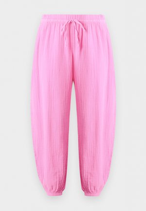 Ανοιχτό ροζ casual παντελόνια με ελαστική μέση και κορδόνι, άνετη γραμμή, υφή με ζαρωμένο φινίρισμα και ελαστικές μανσέτες στους αστραγάλους.