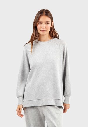 Light gray sweatshirt in soft fabric, featuring a crew neck, raglan sleeves, and a relaxed fit with ribbed cuffs and hem.