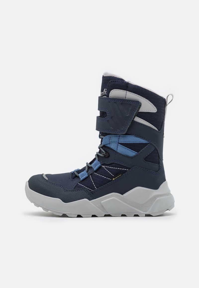 Marineblaue Winterstiefel mit grauen Akzenten, robuster Gummisohle, Klettverschluss und Schnürsenkeln; verfügt über ein strukturiertes Gewebe und verstärkte Nähte.