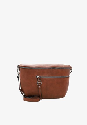 Braune Kunstleder-Crossbody-Tasche mit einem oberen Reißverschluss und einer vorderen Reißverschlusstasche. Mit abnehmbarem schwarzen Schultergurt und silberfarbener Hardware.