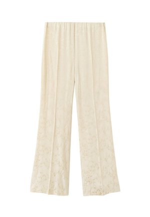 Pantalones de pierna ancha color crema con sutiles patrones florales y cintura elástica, mostrados sobre un fondo blanco.