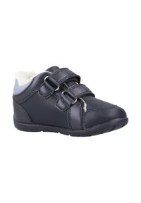 Chaussure en cuir bleu marine pour enfant avec deux bandoulières Velcro réglables et doublure en fourrure blanche, conçue pour les temps froids.