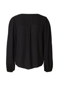 Blusa negra de manga larga hecha de tela ligera. Presenta un escote redondo y puños fruncidos. Diseño sencillo y depurado con dobladillo redondeado.