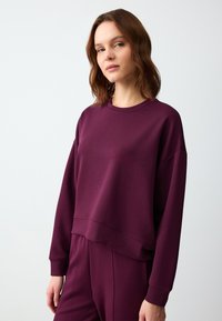 Felpa viola con un fit rilassato, scollatura rotonda e maniche lunghe. Realizzata in un tessuto morbido con una texture liscia. Senza fantasie né decorazioni.