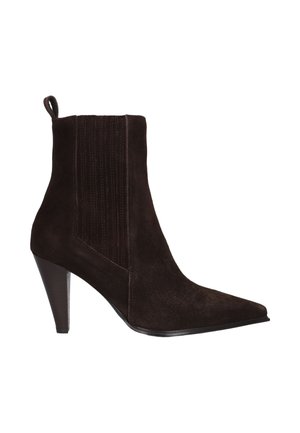 Dark brown suede ankle boot with pointed toe, elastic side panel, pull tab at back, and mid-height angled heel.