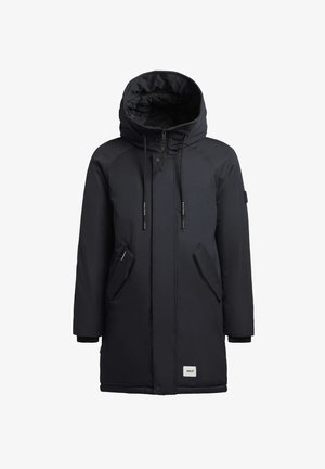 Schwarze Parkajacke mit Kapuze, Reißverschluss und Druckknopfverschluss, Kordelzug, zwei Seitentaschen und gerippten Bündchen; vorne mit einem Logo-Patch versehen.