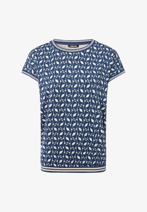 Marineblaues Kurzarm-Oberteil mit einem weißen, verwobenen Muster, rundem Ausschnitt und gestreiftem Saum. Hergestellt aus weichem Stoff.