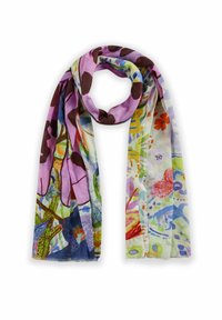 Écharpe légère et multicolore présentant des motifs abstraits floraux et animaliers sur une base lavande. Texture douce avec des bords effilochés.