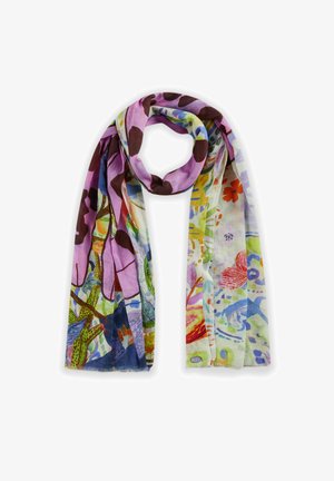 Lichte, meerkleurige sjaal met abstracte bloem- en dierenpatronen op een lavendelbasis. Zachte textuur met rafelige randen.