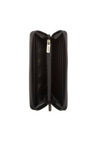 Portefeuille en cuir noir avec fermeture à zip tout autour, présentant plusieurs emplacements pour cartes, une poche à pièces zippée et un accent de logo à l'intérieur.