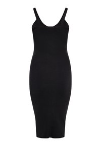 Robe midi noire ajustée avec fines bretelles, réalisée en tissu côtelé, dotée d'un design sans coutures et d'un décolleté légèrement arrondi.