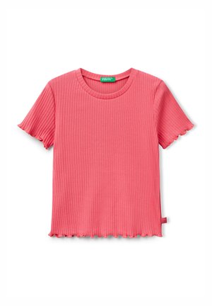 T-shirt di cotone rosa a coste con maniche corte, bordi a onde e scollatura rotonda. Etichetta visibile sull'orlo laterale.